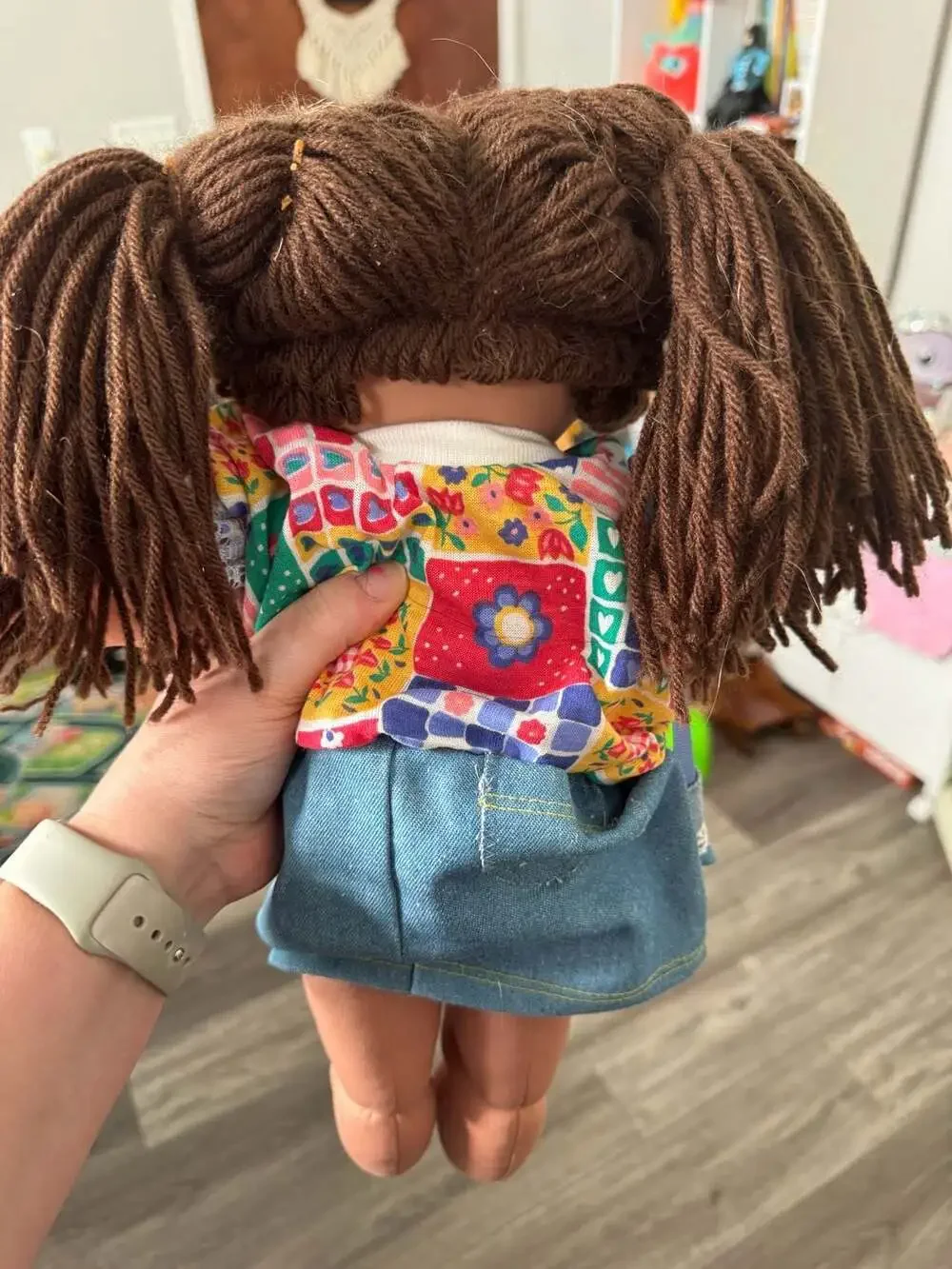 Vintage Cabbage Patch Kids Doll with Brown Yarn Hair and Quilted Patchwork Outfi
